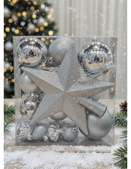 Set Adornos Navidad Plateado (18 piezas) - Deco Por Mayor