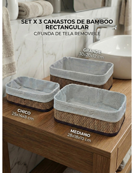 Set x 3 Canastos de Bamboo Rectangular - Deco Por Mayor